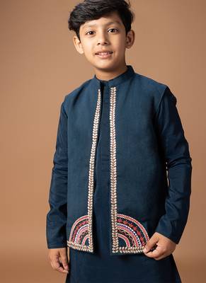 Dark blue embroidered cotton silk kurta jacket set 4