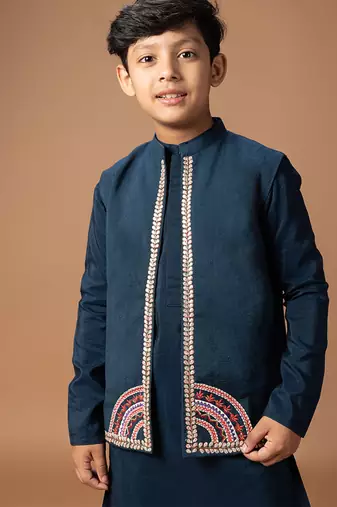 Dark blue embroidered cotton silk kurta jacket set