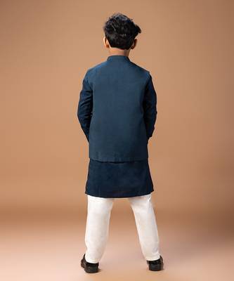 Dark blue embroidered cotton silk kurta jacket set 5