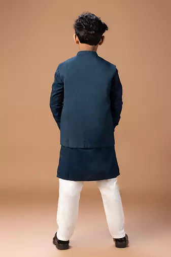 Dark blue embroidered cotton silk kurta jacket set