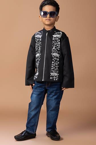 Black embroidered cotton silk bomber jacket