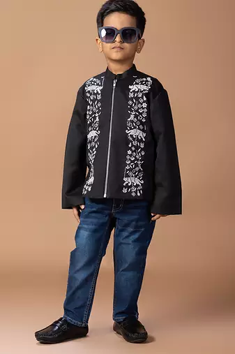 Black embroidered cotton silk bomber jacket