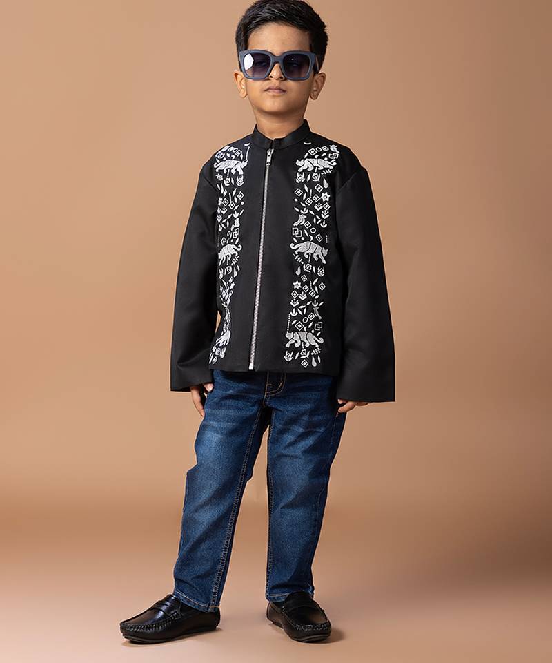 Black embroidered cotton silk bomber jacket