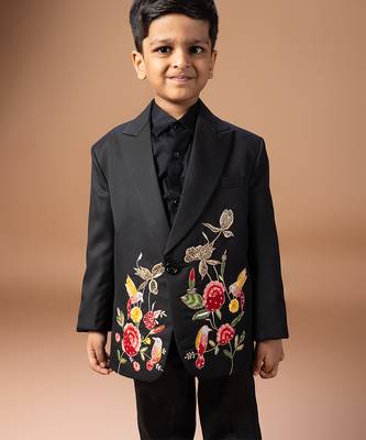 Black rose embroidered cotton blend tuxedo set 4