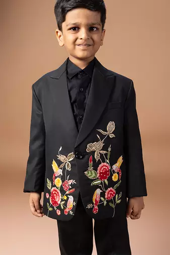 Black rose embroidered cotton blend tuxedo set