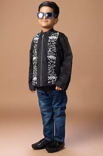 Black embroidered cotton silk bomber jacket