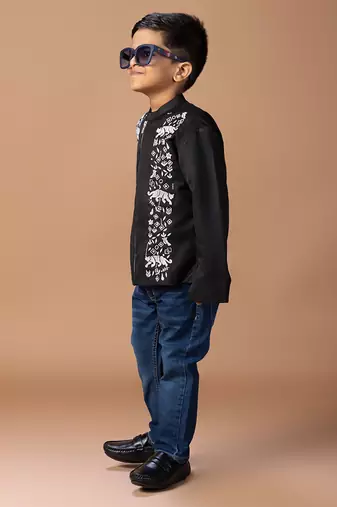 Black embroidered cotton silk bomber jacket
