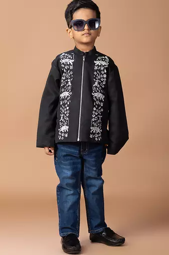Black embroidered cotton silk bomber jacket