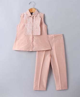 Peach pink embroidered cotton blend co ord set 1