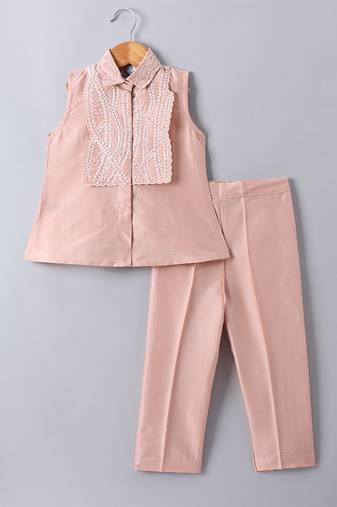 Peach pink embroidered cotton blend co ord set