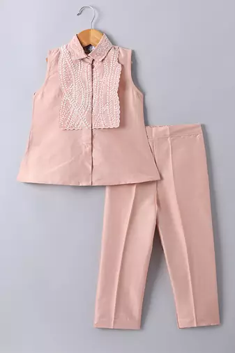Peach pink embroidered cotton blend co ord set