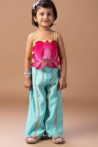 Yellow pink lotus embroidered cotton silk co ord set