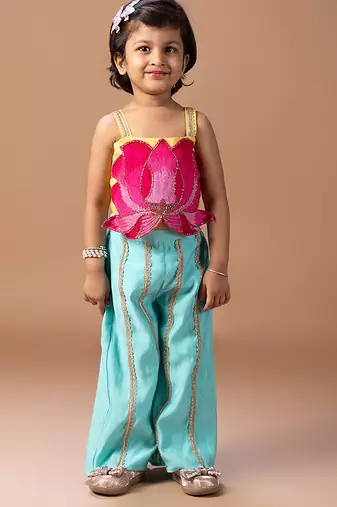 Yellow pink lotus embroidered cotton silk co ord set