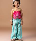 Yellow pink lotus embroidered cotton silk co ord set