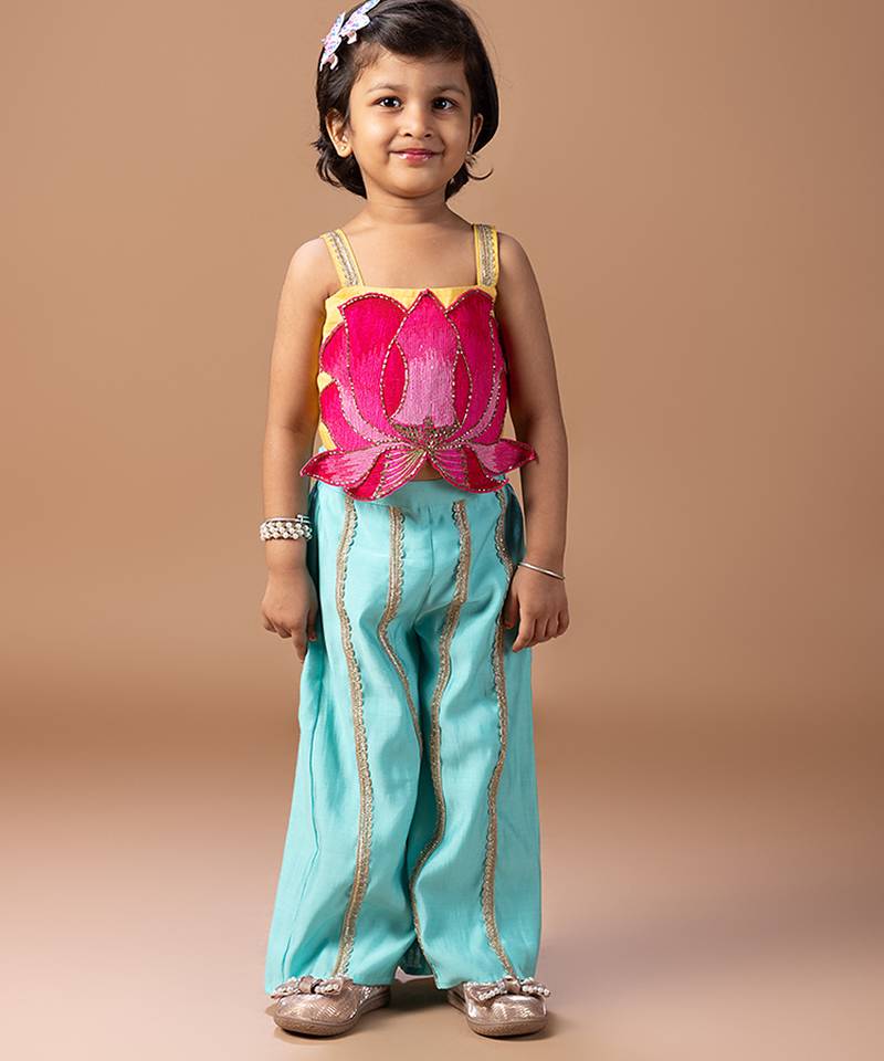 Yellow pink lotus embroidered cotton silk co ord set