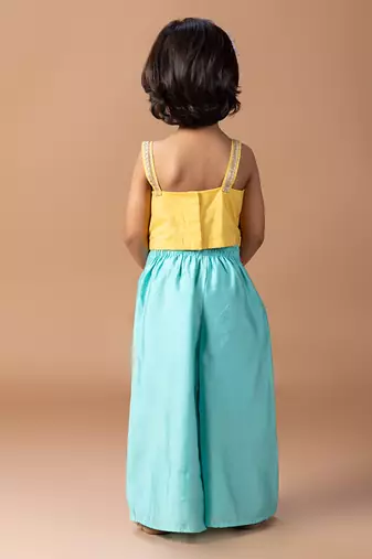 Yellow pink lotus embroidered cotton silk co ord set