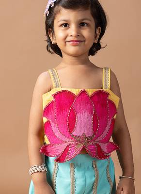 Yellow pink lotus embroidered cotton silk co ord set 3