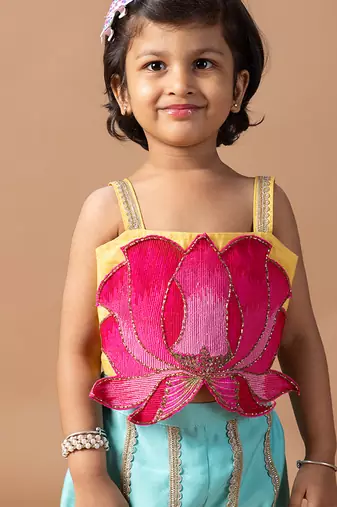 Yellow pink lotus embroidered cotton silk co ord set
