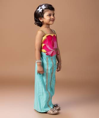 Yellow pink lotus embroidered cotton silk co ord set 4