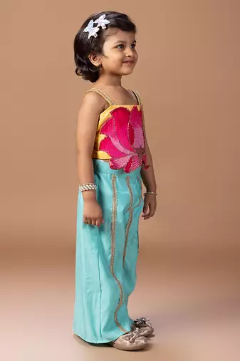 Yellow pink lotus embroidered cotton silk co ord set
