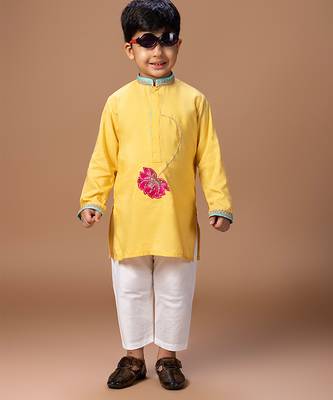 Yellow embroidered cotton silk kurta set 1