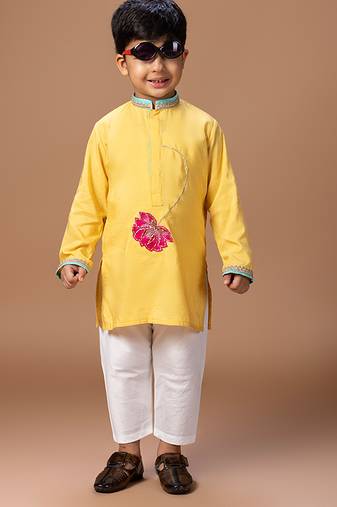 Yellow embroidered cotton silk kurta set