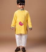 Yellow embroidered cotton silk kurta set