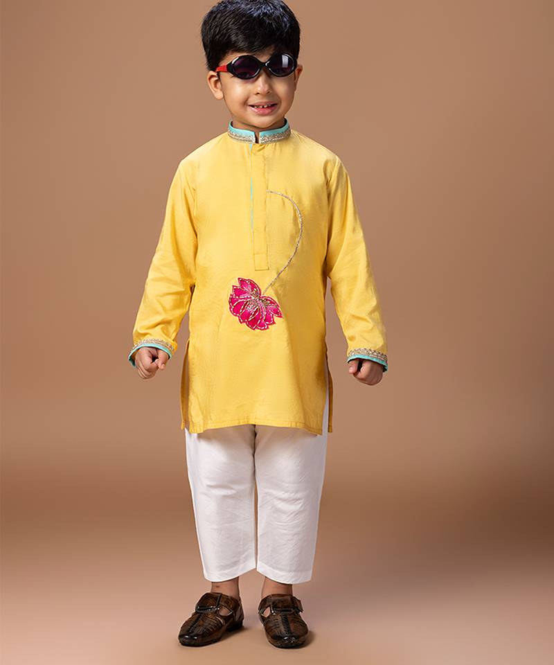 Yellow embroidered cotton silk kurta set