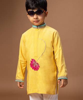 Yellow embroidered cotton silk kurta set 2