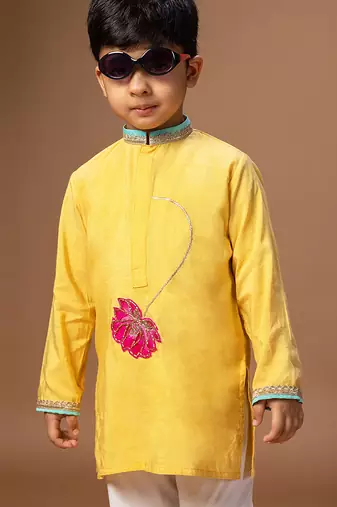 Yellow embroidered cotton silk kurta set