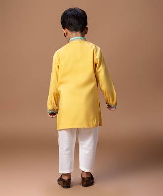 Yellow embroidered cotton silk kurta set 3