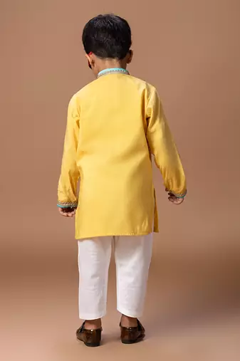 Yellow embroidered cotton silk kurta set