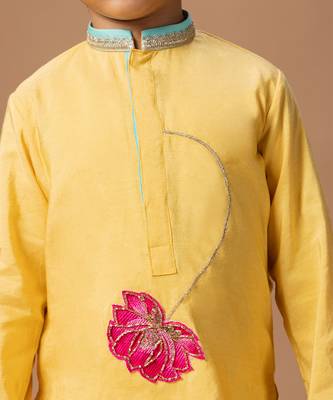 Yellow embroidered cotton silk kurta set 4