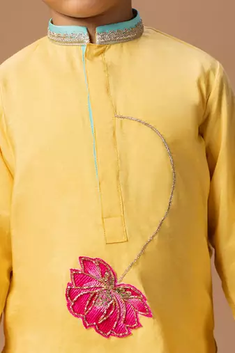 Yellow embroidered cotton silk kurta set