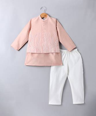 Peach pink embroidered cotton silk nehru jacket set 1