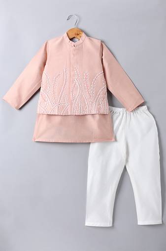 Peach pink embroidered cotton silk nehru jacket set