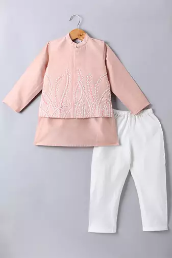 Peach pink embroidered cotton silk nehru jacket set