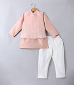 Peach pink embroidered cotton silk nehru jacket set