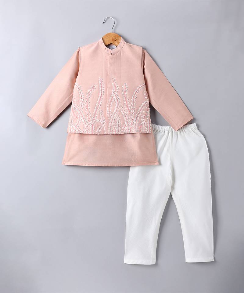 Peach pink embroidered cotton silk nehru jacket set