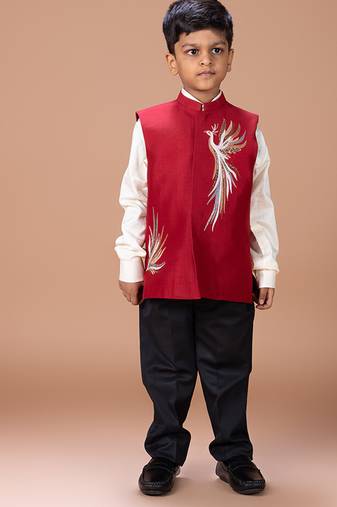 White red embroidered silk nehru jacket set