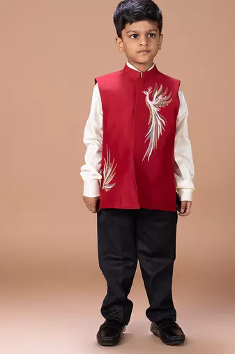White red embroidered silk nehru jacket set