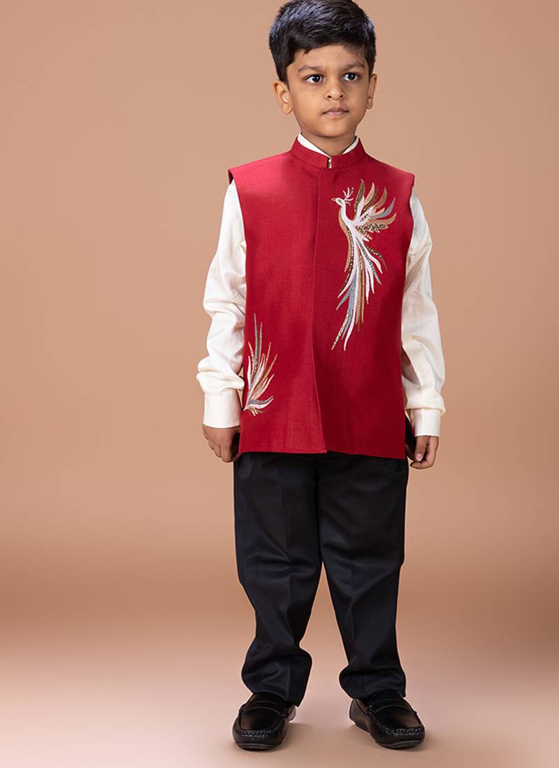 White red embroidered silk nehru jacket set