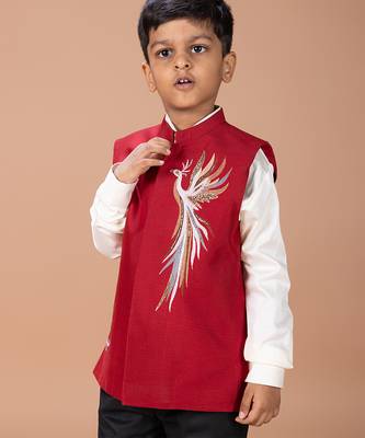 White red embroidered silk nehru jacket set 2