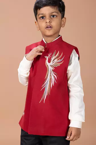 White red embroidered silk nehru jacket set