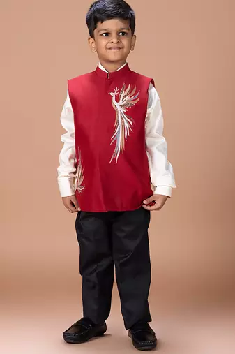 White red embroidered silk nehru jacket set