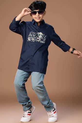 Navy blue embroidered cotton shirt