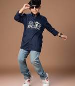 Navy blue embroidered cotton shirt