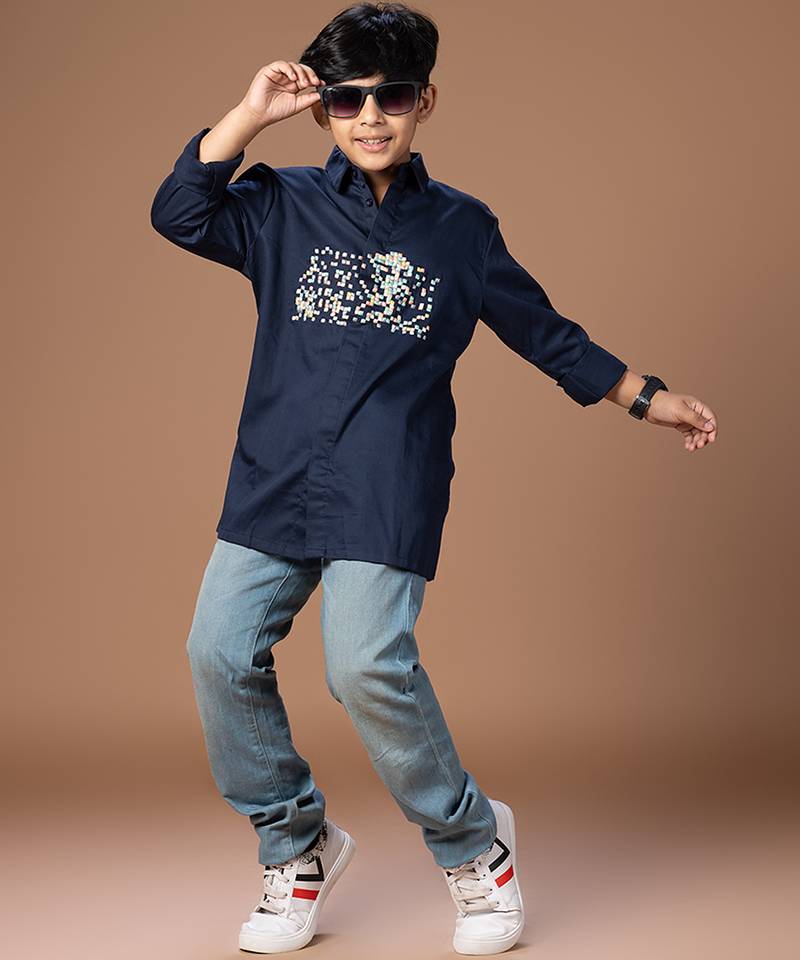Navy blue embroidered cotton shirt
