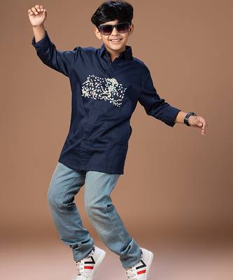 Navy blue embroidered cotton shirt 2