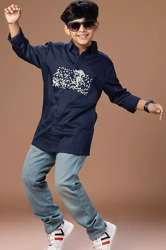 Navy blue embroidered cotton shirt